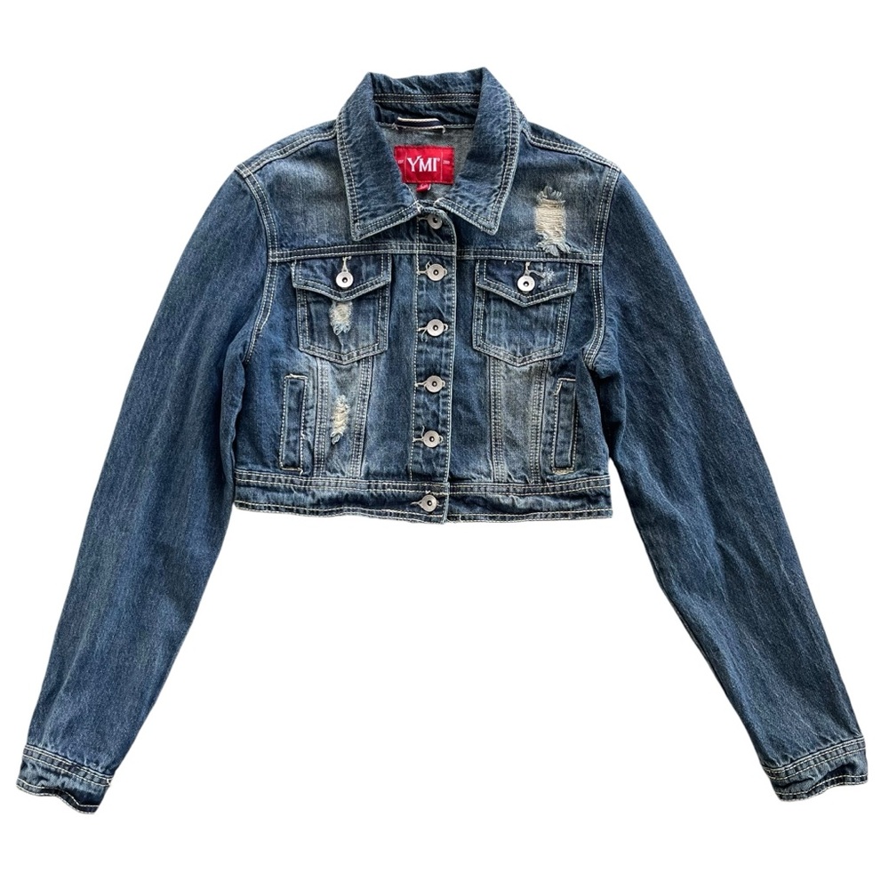 YMI Womens L Dark Wash Denim Distressed Cropped Button Front Jean Jacket #J94476
